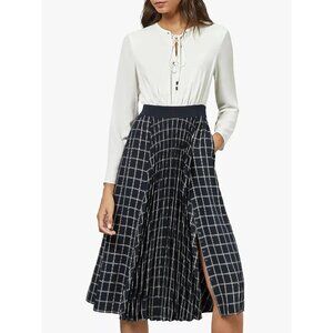 Ted Baker Francesca White & Navy Check Pleated Lace-Up Midi Dress Size XL (5)